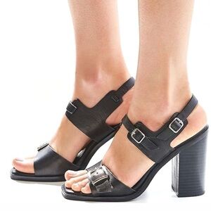 NEW Sol Sana Sandals Gia Black Leather Strappy Chunky Heel w/ Buckles Size 9 New